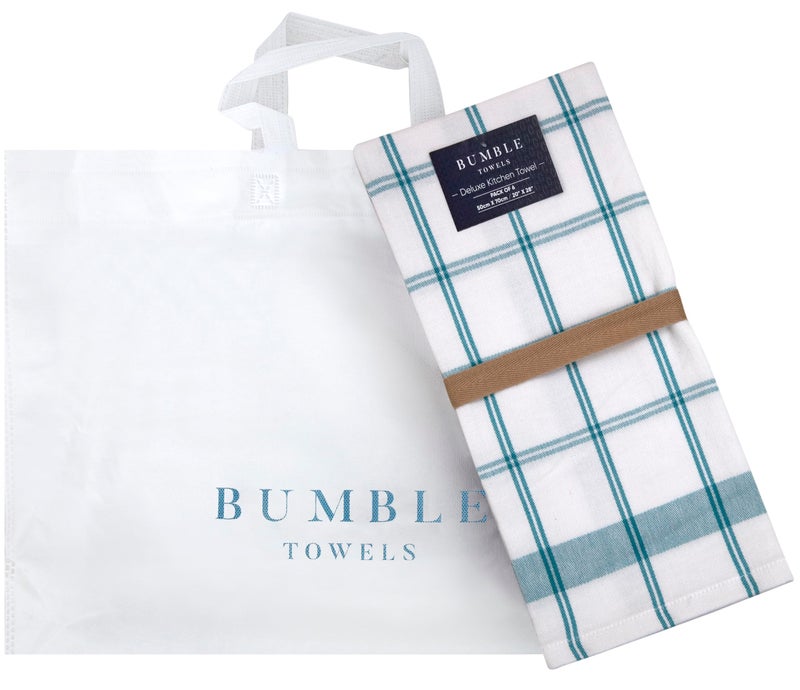 Bumble Towels مناديل مطبخ فاخرة (20 بوصة × 28 بوصة، 6 عبوات) | مناديل قطنية كبيرة | مجموعة مناديل مطبخ مسطحة وطرية عالية الامتصاص مع حلقة للتعليق | فحص باللون الأزرق الفاتح - Image 5
